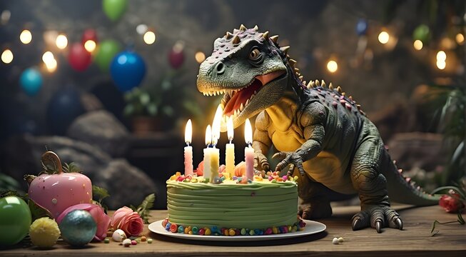 A fantastical scenario that combines fantasy and celebration in a lighthearted way depicts a dinosaur happily blowing out the candles on a birthday cake.