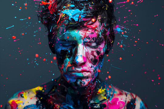 A Man With Colorful Face Paint Is Staring At The Camera. The Painting Is Vibrant And Bold, With A Mix Of Red, Blue, And Green Colors. The Man's Expression Is Serious And Contemplative