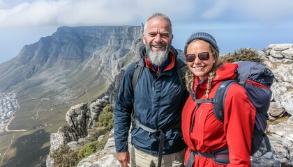 Obraz na płótnie Canvas Joyful senior couple hiking in the mountains, smiling and cherishing quality time together