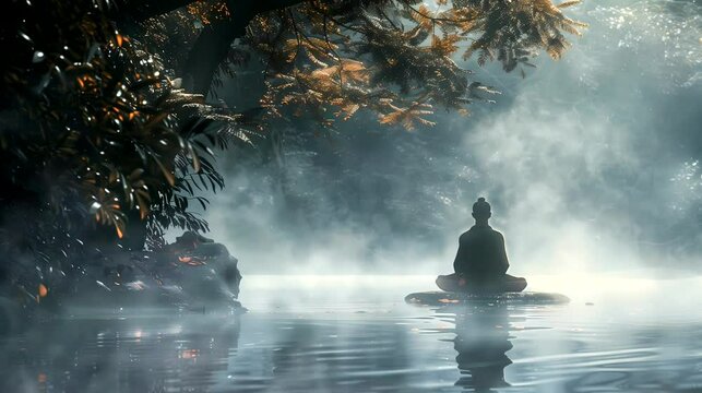 A hermit deep in meditation on the tranquil shores of a secluded lake with mist. Looping 4k video animation background