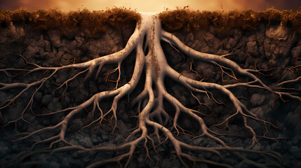 Tree root systems penetrate deep into the ground and crisscross the soil - obrazy, fototapety, plakaty