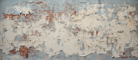 Close-up view of an old wall with peeling paint, showing layers of decay and wearing over time. The peeling paint exposes the texture of the worn surface, creating a weathered and aged appearance.