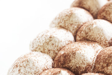 Italian layered dessert tiramisu with mascarpone cream and ladyfingers biscuits with cocoa powder on a white background. Copy space. Photo. Selective focusing. Macro