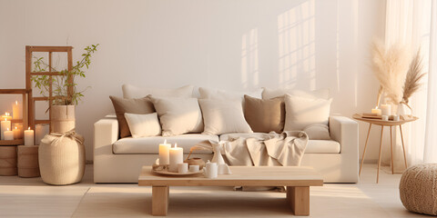 A chic bohemian arrangement of furniture and decorative items in the living room featuring a beige s