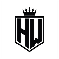 HW Logo monogram bold shield geometric shape with crown outline black and white style design