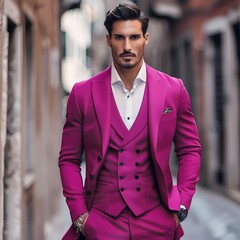 An incredibly handsome male model dressed in a sharp fuchsia suit, exApologies for the abrupt cutoff. Here are the remaining prompts --v 6.0 - Image #1 @usama - obrazy, fototapety, plakaty