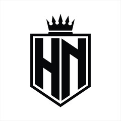 HN Logo monogram bold shield geometric shape with crown outline black and white style design