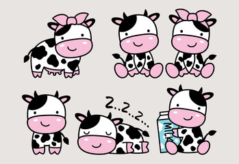 Cute baby boy and girl cow sitting, standing, and sleeping. Vector illustration of black and white cow cartoon.