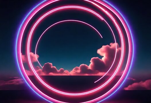 Colorful circles and pink clouds in the background