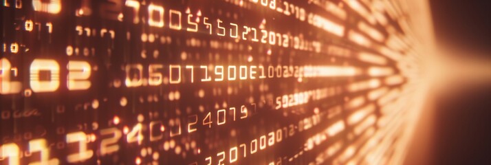 Binary code encryption  pixelated data stream on digital interface with glowing dots