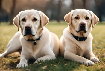 Labrador Golden Retriever Puppy, Dogs sitting in the park under sunlight, pets funny