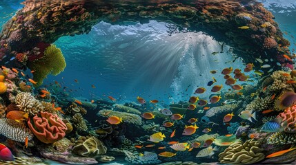 An underwater vista featuring a majestic coral archway teeming with diverse fish species, highlighting the architectural beauty - obrazy, fototapety, plakaty