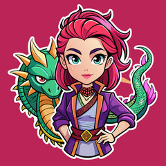 Fire Breathing Fashion Attitude Meets Fantasy- tshirt sticker merging a fashionable girl with a dragon motif, blending attitude with fantasy for a trendy look