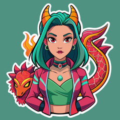 Fire Breathing Fashion Attitude Meets Fantasy- tshirt sticker merging a fashionable girl with a dragon motif, blending attitude with fantasy for a trendy look