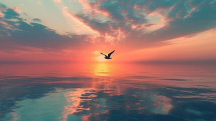 Calm sea waters reflecting the beautiful colors of the sunset, with a bird flying low enough for its reflection to be seen on the water. 8k