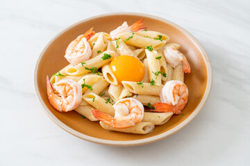 penne pasta white cream sauce with shrimps and egg