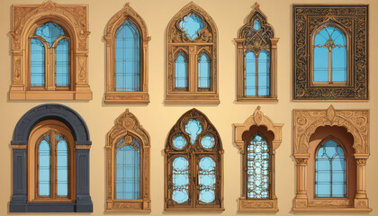 Obraz premium a set of different shapes and sizes of windows, decorative panels, islamic interior design, decorative ornament, ornamental edges, minarats, large motifs, art deco motifs, detailed ornaments, graphic