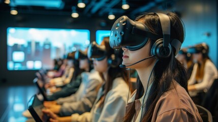 A high definition photo of a conference room filled with students and a teacher all wearing headphones actively participating in a virtual lecture on global market trends