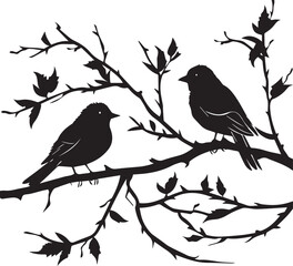 Set of Birds on a Tree branch black silhouette isolated white background