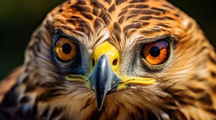 macro close-up of an eagle's hawk bird face with its sharp eyes, beak and beautiful brown feathers created with Generative AI Technology