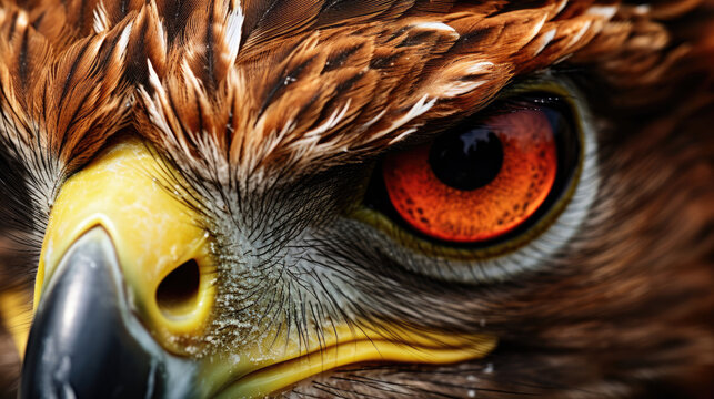 macro close-up of an eagle's hawk bird face with its sharp eyes, beak and beautiful brown feathers 