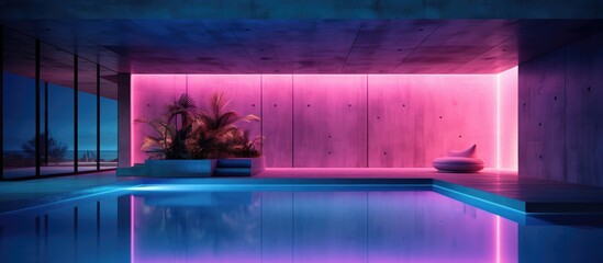 A plant sits in the center of a minimalist swimming pool inside an abstract architectural concrete house. The pool is illuminated by neon lighting, creating a unique atmosphere.