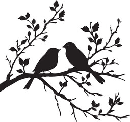 Set of Birds on a Tree branch black silhouette isolated white background