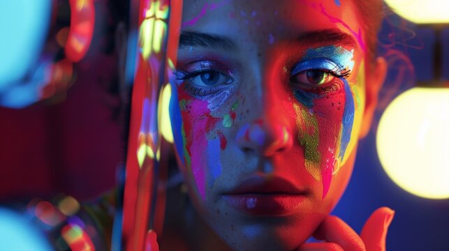 A Tight Shot Of A Students Face Adorned With Colorful Stage Makeup As They Practice Their Lines And Gestures In Front Of A Mirror Getting Into Character For Their Role In