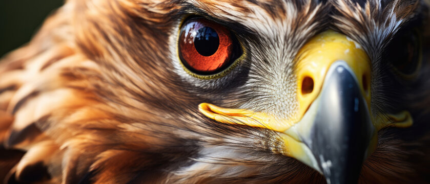 macro close-up of an eagle's hawk bird face with its sharp eyes, beak and beautiful brown feathers
