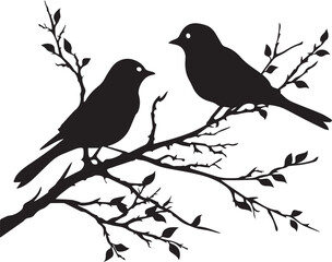 Set of Birds on a Tree branch black silhouette isolated white background