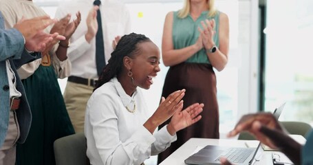 Applause, high five and black woman with business people for promotion, support or success. Collaboration, corporate office and men and women clapping hands for winner, celebration or congratulations