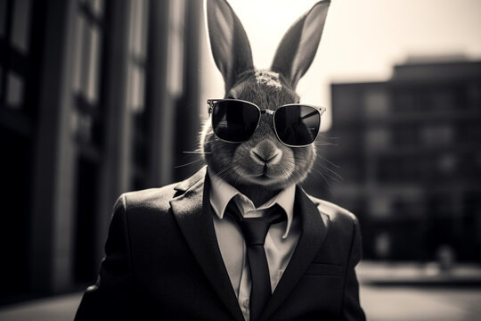 Kelinci memakai kacamata hitam dan jas dengan dasi