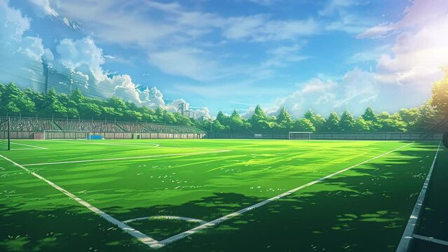 Anime-style football match in full swing, crowd cheering, depicted in a cute cartoon design
