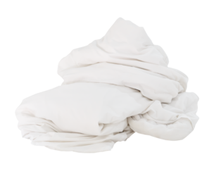Front view of white crumpled blanket or bedclothes ball in hotel room leaved untidy and dirty after guest's use over night isolated with clipping path in png file format
