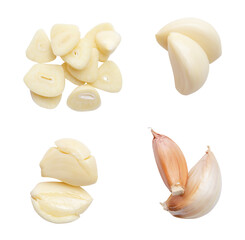 Top view set of peeled and unpeeled garlic cloves with slices in stack isolated on white background with clipping path
