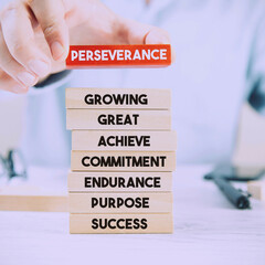perseverance word made with building blocks. Wooden Blocks with the text: perseverance. The text is written in white letters
