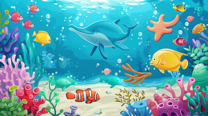 Fototapeta na wymiar Colorful Sea life cartoon background 