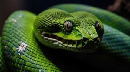 Obraz premium macro close-up of a green python's face with sharp eyes and detailed scales on dark background created with Generative AI Technology