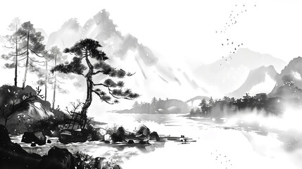 Japanese nature landscape traditional oriental ink painting styl © pasakorn