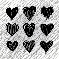 A simple illustration featuring nine minimalistic and small hand-drawn black ink hearts. 