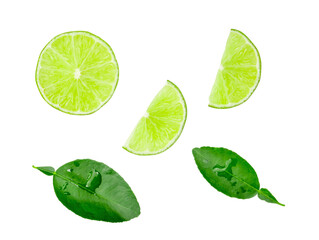 Top view set of green lemon fruits and leaves with half and slices or quarters isolated with clipping path in png file format