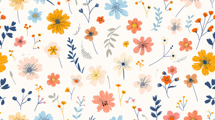 Seamless ditsy floral pattern with cute little flowers on white  - obrazy, fototapety, plakaty