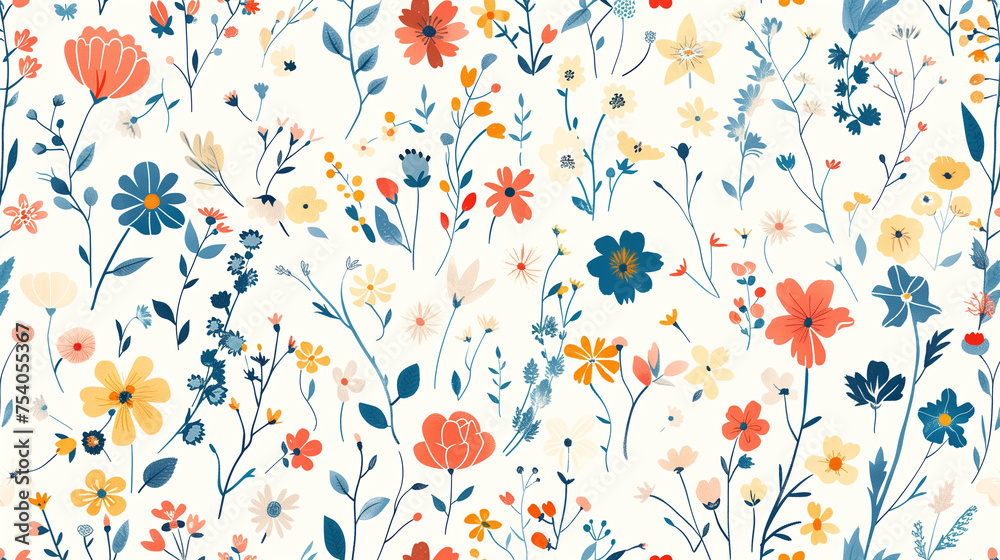 Sticker seamless ditsy floral pattern with cute little flowers on white