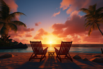 Beautiful tropical sunset view with two sun loungers, lounge chairs, beach