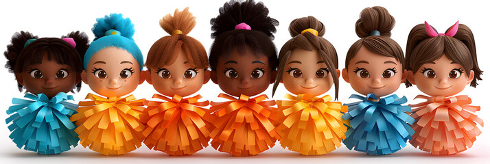 A 3D animated cartoon render of cheerful kids with colorful pom poms. - obrazy, fototapety, plakaty