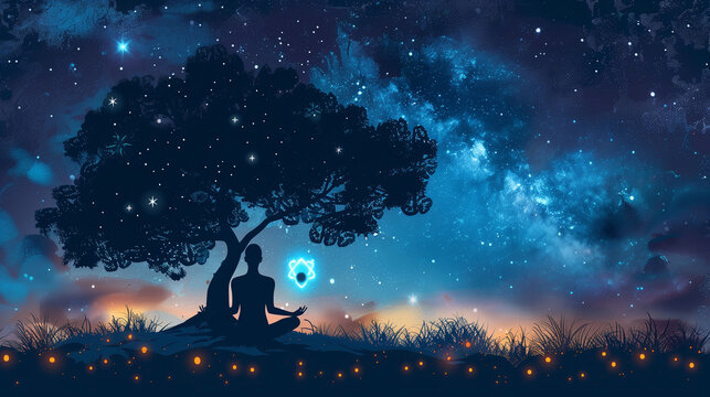 Woman silhouette under a tree with milky sky