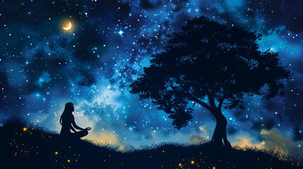 Woman silhouette under a tree with milky sky