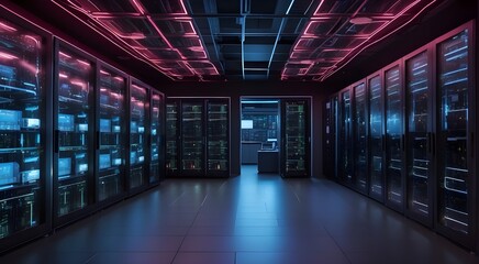 picture of a large, dark, networked server room with neon data and information displays connected to cloud computing for virtualization - obrazy, fototapety, plakaty