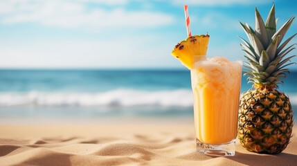 minimal Summer beach fornt sea view with drink juice cocktail slice pineapple. Background banner copy space area