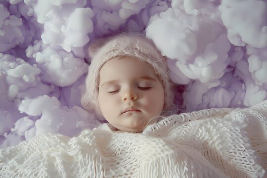 Amidst a soft lavender background, the sweetest little infant sleeps peacefully, surrounded by fluffy clouds, creating a dreamy and serene atmosphere.